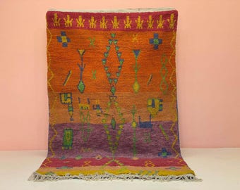 Berber Orange Rug, Colorful Beni Ourain, Handmade Wool Carpet, Bohemian Area Rug, Soft Shaggy Texture, Rustic Home Accent