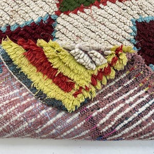 a close-up view of a colorful, textured rug with a variety of patterns and colors, including shades of red, yellow, and white.