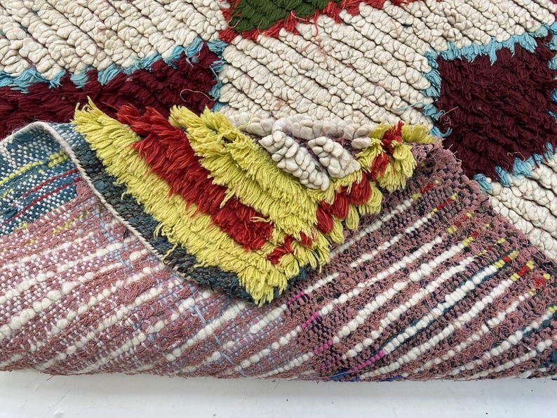 a close-up view of a colorful, textured rug with a variety of patterns and colors, including shades of red, yellow, and white.