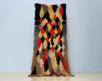 Beni Ourain Flatweave Rug, Moroccan Runner, Vibrant Diamond Pattern (6.4x2.6 ft)