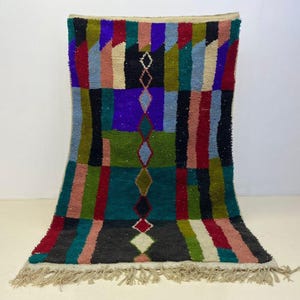 Handmade Moroccan Wool Rug | Authentic Berber Carpet in Deep Blue with White, Orange & Pink Abstract Geometric Design