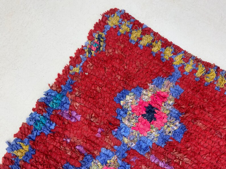 a vibrant, colorful rug with a red and blue floral pattern.