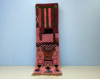 Boujaad Green Runner Rug, Handmade Wool Carpet, Boho Living Room, Rustic Home Decor, Soft Shaggy Texture, Durable Indoor Floor Covering