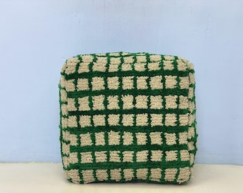 Boho Wool Pouf Ottoman, Moroccan Checkered Cover (Unstuffed)