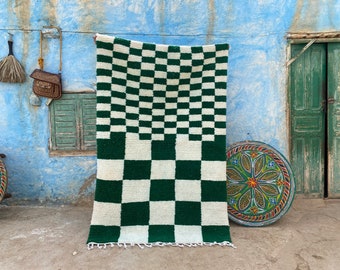 Green Moroccan Checkered Rug-5x7 Grenn Beni Ourain Rug-Checkered Green Berber Rug-Nursery Kids 7x10-Wool Soft Shag Area Rugs-Rugs for Sale