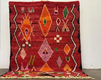 Red Moroccan Wool Carpet Beni Ourain Rug, Kitchen Runner, Tribal Berber Design, Hand Knotted, Indoor Durable Boho Area Rug