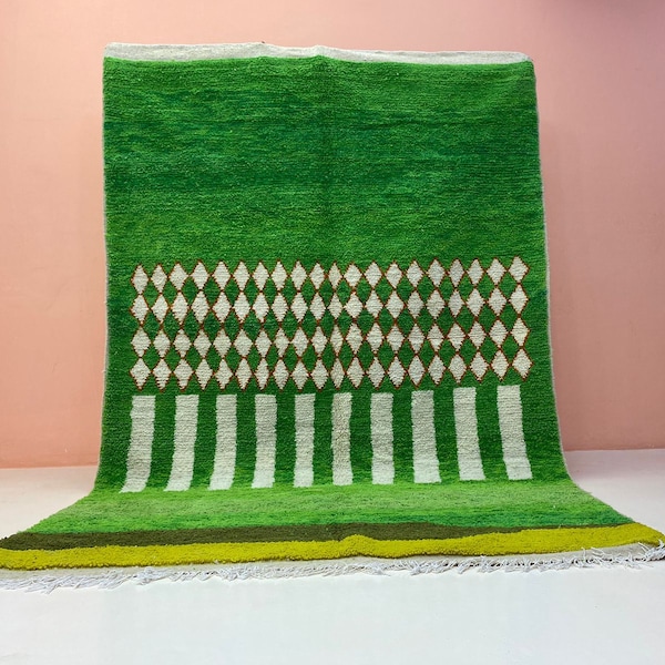 Green Beni Ourain Carpet-Large Moroccan Rug 8x5-Abstract Wool Rug-Moroccan Berber Rug-Custom Moroccan Rug-Kilim Bohemian Rug-Handmade Rug