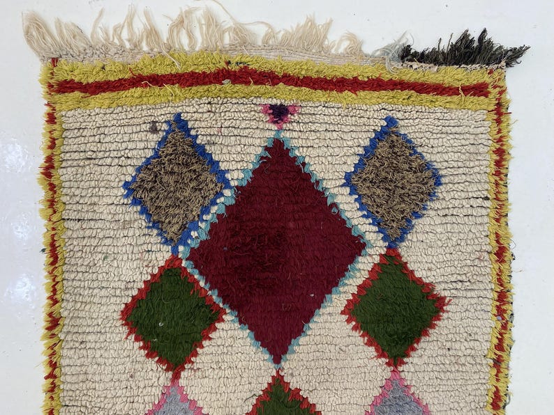 a vibrant, colorful rug with a geometric pattern of diamonds and squares in various shades of red, green, and blue.