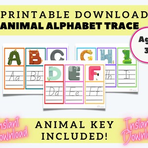 Animal Alphabet Trace for Toddler, Preschool, Pre-K, Kindergarten, Educational, Digital Download