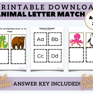 Animal Letter Match for Toddlers, Preschoolers, and Pre-K, Educational Printable, Digital Download