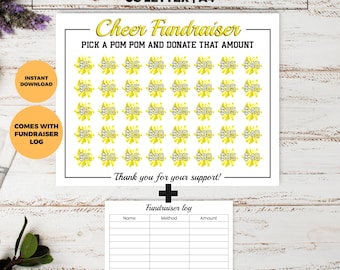 Recaudación de fondos con pompones amarillos, plantilla para recaudar fondos para animadoras, pizarra negra para animadoras, elige una fecha para donar, patrocina mi temporada