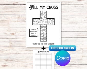 Plantilla editable de Canva para recaudar fondos "Llena mi cruz", viaje misionero, recaudación de fondos completa, fecha para donar, folleto para recaudación de fondos de campamento de la iglesia