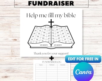 Plantilla editable de Canva para recaudar fondos para la iglesia "Llena mi Biblia", viaje misionero, recaudación de fondos completa, elegir una fecha para donar, recaudación de fondos para campamentos de la iglesia