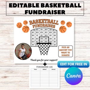 May include: A white printable basketball fundraiser template with orange basketball graphics and a basketball net. The text includes "Basketball Fundraiser", donation amounts, and "Pick an amount you want to donate!"