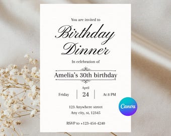 Sjabloon bewerkbare uitnodiging dinerverjaardagsfeestje, afdrukbare kaart 5 x 7 inch, sjabloon dineruitnodiging, verjaardagsuitnodiging, elke leeftijd uitnodigen