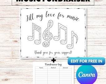 Recaudación de fondos para música editable, donaciones de músicos, plantilla de Canva editable, ocultar mi tablero, completar la recaudación de fondos, idea para recaudar fondos en una escuela de música.