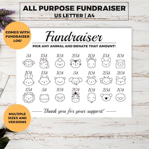 Cute animal fundraiser, Black out my board, pick a date to donate, printable all Purpose Fundraiser, School fundraiser, fill in fundraiser