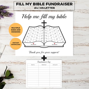 Fill My Bible Church Fundraiser, Mission Trip, Fill In Fundraiser, black out board, pick a date to donate, church camp fundraiser printable