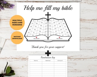 Fill My Bible Church Fundraiser, Mission Trip, Fill In Fundraiser, black out board, pick a date to donate, church camp fundraiser printable