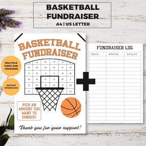 May include: A printable basketball fundraiser template with a basketball hoop and ball graphic. The template includes a grid for donors to choose an amount to donate and a log to track donations. The text on the template reads "Basketball Fundraiser" and "Thank you for your support!"