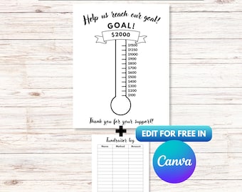 Termómetro de objetivos editable para recaudación de fondos para organizaciones sin fines de lucro, plantilla de recaudación de fondos de Canva, idea imprimible para recaudación de fondos con grandes objetivos.