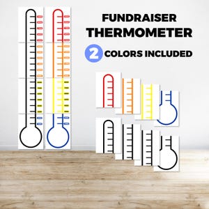 May include: A fundraising thermometer with two different color options. The thermometer is divided into sections with numbers from 1000 to 18000. The thermometer is red, orange, yellow, and black. The text "FUNDRAISER THERMOMETER" and "2 COLORS INCLUDED" is printed on the image.