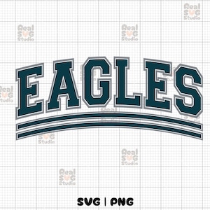 May include: A teal and gray graphic of the word "EAGLES" in a curved, block letter font. The word is outlined in gray and has a teal fill. Below the word are two teal and gray curved lines. The bottom of the image has the text "SVG | PNG".