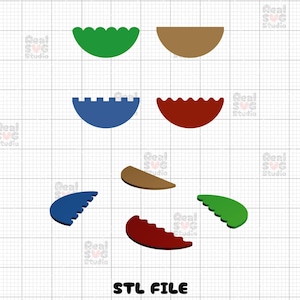 以下が含まれることがあります： さまざまなカラフルな幾何学的形状を備えたデジタルデザインファイル。デザインには、緑、茶色、青、赤の半円形と葉のような形が含まれています。「STL FILE」というテキストが一番下にあります。