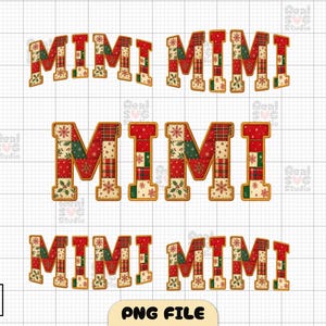 Op de afbeelding: Het woord "MIMI" wordt meerdere keren weergegeven in een feestelijk patchwork-ontwerp. De letters zijn rood, groen en beige met sneeuwvlok- en hulstaccenten, perfect voor vakantieknutselwerk. De afbeelding bevat ook de tekst "PNG FILE".