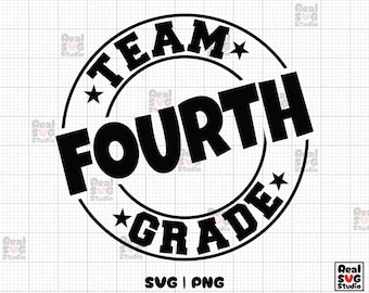 May include: A black and white graphic design with the text "TEAM FOURTH GRADE" in a circular arrangement, punctuated by stars. The design also includes "SVG | PNG" at the bottom.