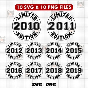 May include: Ten black and white circular designs with the text "Limited Edition" and a year from 2010 to 2019.