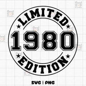 May include: Black and white graphic design of a circle with a star on each side. The circle contains the text "LIMITED EDITION" and the year "1980" in a large, bold font.