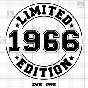 Könnte beinhalten: Schwarz-weißes Kreisdesign mit dem Text "LIMITED EDITION 1966" in fetter Schrift. Das Design eignet sich für die Verwendung als Geburtstags- oder Jubiläumsgrafik.