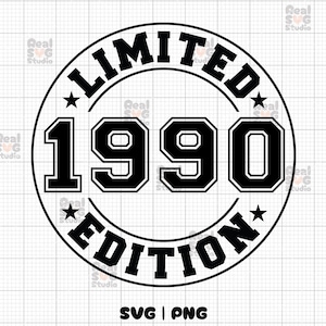 May include: Black and white graphic design of a circle with the text "LIMITED 1990 EDITION" inside. The text is in a bold, blocky font.