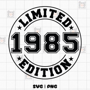 May include: Black and white graphic design of a circle with the text "LIMITED EDITION 1985" inside. The circle has two stars on either side of the text.