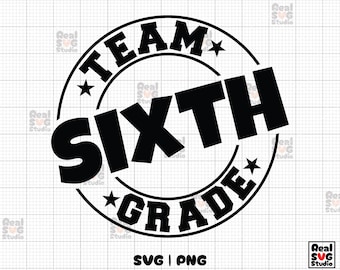 May include: Black and white graphic design with the text "Team Sixth Grade" in a circle.