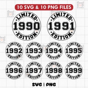 May include: Ten black and white circle designs with the text "Limited Edition" and a year from 1990 to 1999.