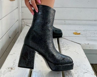 Black Shoes, Black High Heel, Faux Leather Boots, Women&#39;s Boots, Black Crinckled Patent Leather, Handmade Boots, Ankled Boots, Platform Boot
