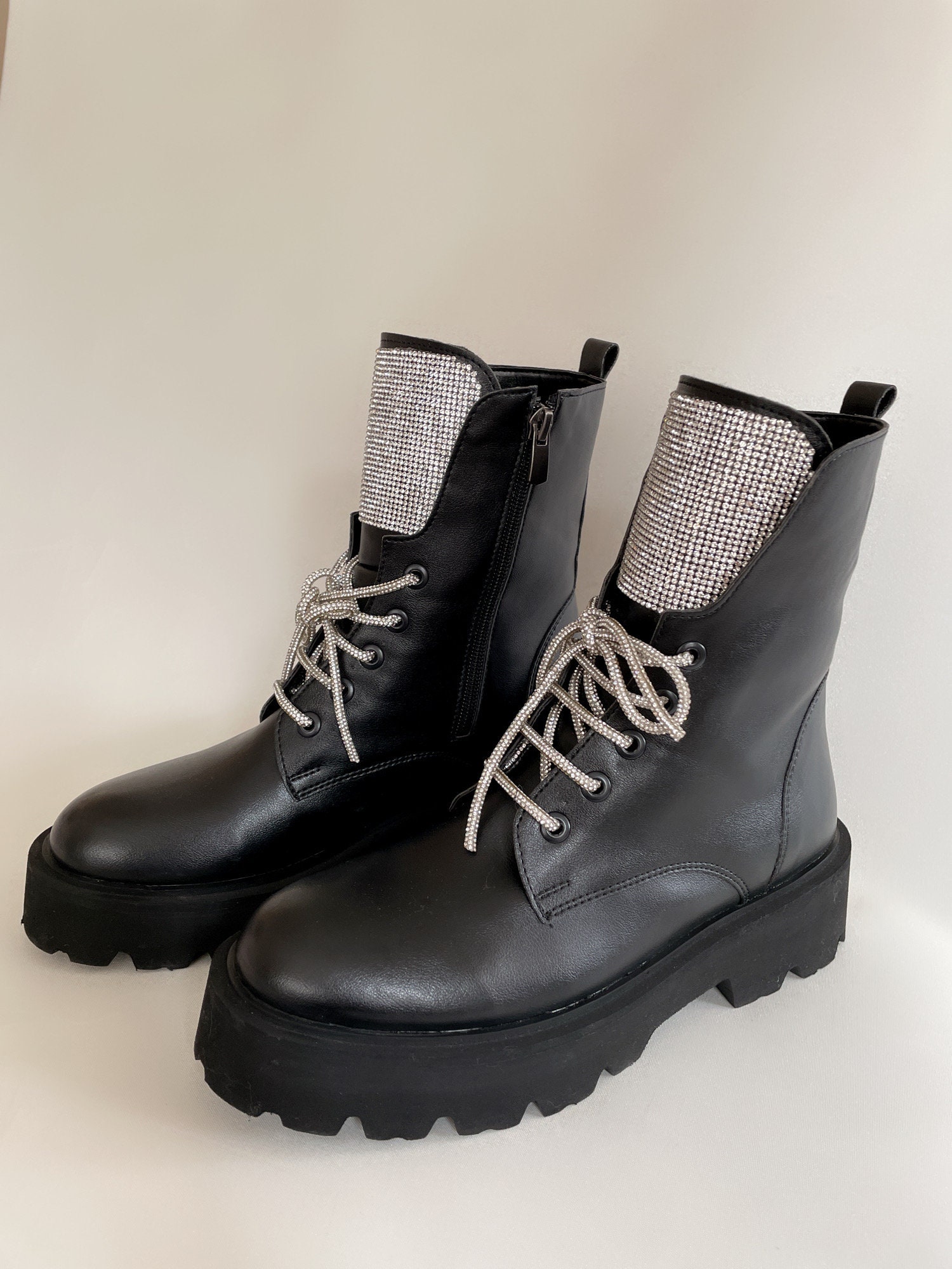 Black Women Boots, Combat Boots, Biker Ankle Boots, Crystal Rhinestone ...