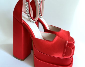 New Women Pumps , Summer Platform Shoes, Super High Heels ,Wedding Ladies Sandals ,Crystals Ankle Belt, Red Open Toe, Double Platform Shoes