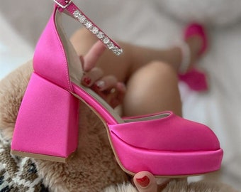 New Women Pumps , Summer Platform Shoes, Super High Heels ,Wedding Ladies Sandals ,Crystals, Ankle Belt, Barbie Shoes, Pink Platform Shoes