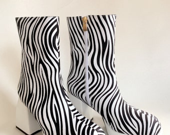 White Shoes, White High Heel, Faux Leather Boots, Women's Boots, Handmade Boots, Ankled Boots, Platform Boot, Zipper Closure, Zebra Pattern