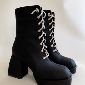Black Matte Faux Leather Boots, Ankle Boots, Platform Boots, High Heels, Zipper Closure, Women Pumps, Crystal Stone Lace-up, Party Shoes