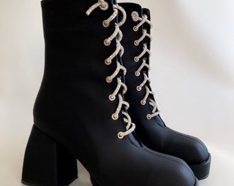 Black Matte Faux Leather Boots, Ankle Boots, Platform Boots, High Heels, Zipper Closure, Women Pumps, Crystal Stone Lace-up, Party Shoes