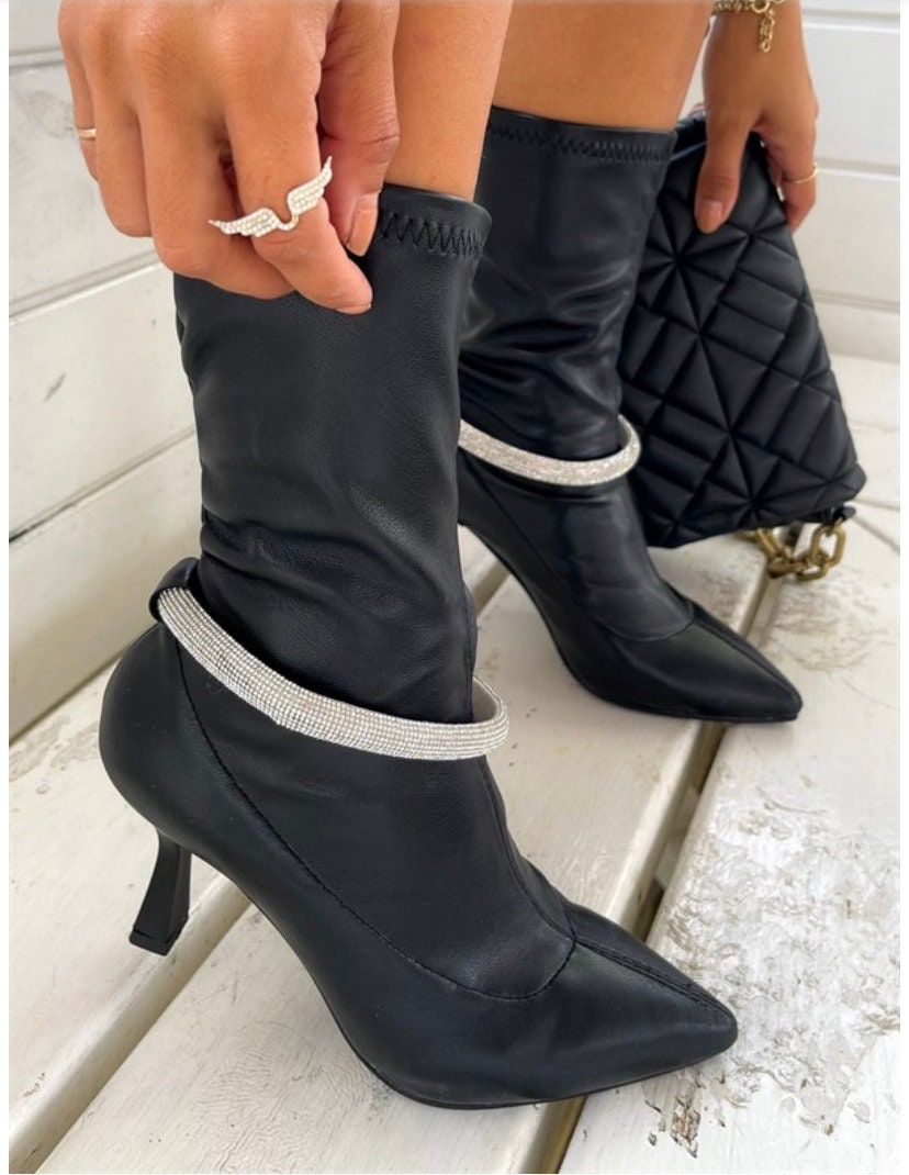 Zonxanshoes Women Silhouette Ankle Boot Black Stretch Textile