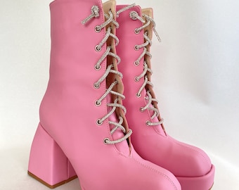 Pink Matte Faux Leather Boots, Ankle Boots, Platform Boots, High Heels, Zipper Closure, Women Pumps, Crystal Stone Lace-up, Party Shoes
