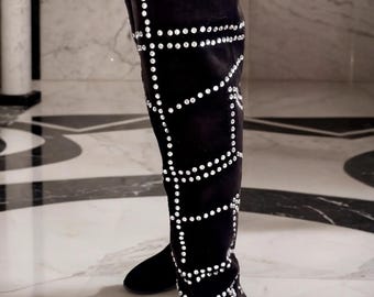 Crystal Rhinestone Black Over-the-Knee Boots: Warm Lined Faux Suede