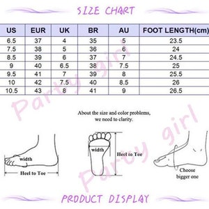 May include: Size chart for shoes with US, EUR, UK, BR, AU sizes and corresponding foot length in centimetres. The chart shows sizes from 6.5 to 10.5 US.  The image also includes a diagram showing how to measure foot length and width.