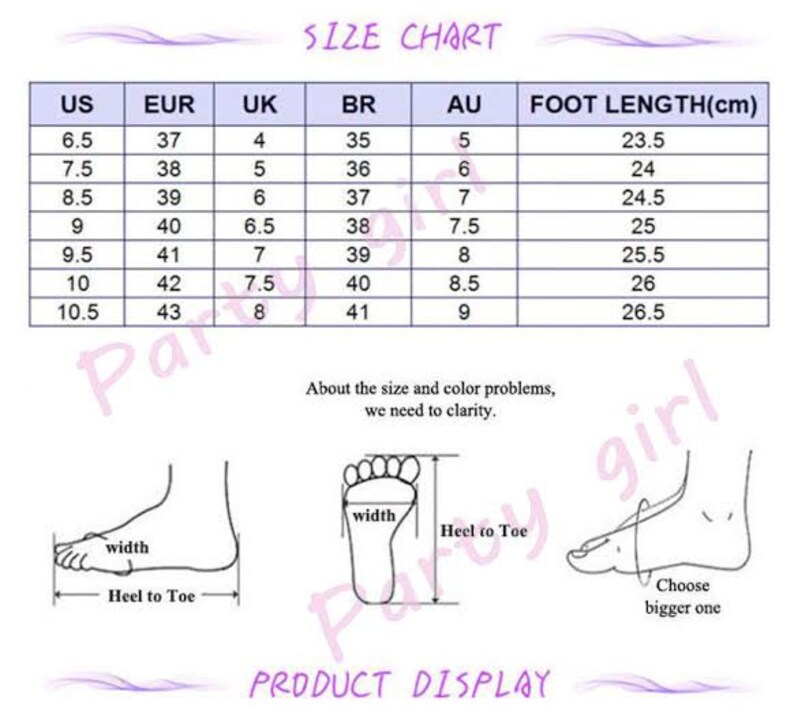 May include: Size chart for shoes with US, EUR, UK, BR, AU sizes and corresponding foot length in centimetres. The chart shows sizes from 6.5 to 10.5 US.  The image also includes a diagram showing how to measure foot length and width.