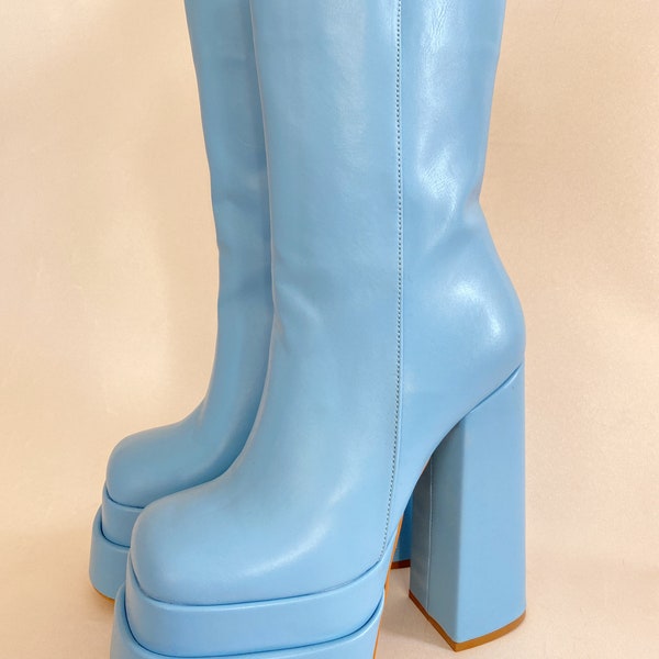 New Women Pumps, Double Platform Boots, Super High Heels, Zipper Closure, Ankle Boots, Blue Boots, Women Gifts, Autumn And Winter Shoes